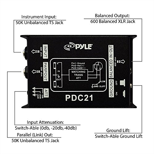 Pyle Premium Direct Injection Audio Box Passive DI Unit Hum Eliminator w/ Input Attenuator to