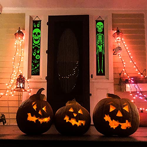 2021 Luminous Halloween Porch Sign for Frontdoor Window Deocration Thrilling Banner with Glowing Green Skeleton at Night Add Terrorist Atmosphere Party Yard Sign 11.8X70.8 Inch