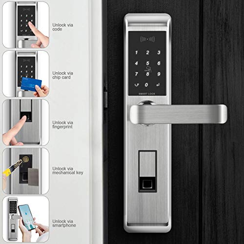 Klwenas Maec Fingerprint Bluetooth Smart Lock, Touchscreen Keyless Home Door Lock, Handle Direction Reversible, Silver