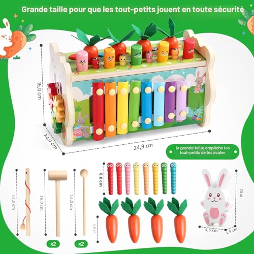 Fajiabao Montessori 1 Year Old Baby Toy - 7 in 1 Wooden Educational Toy Child Toy 1 Year Old Game Hammer and Xylophone Baby, Picking Turnips, Gift Child 1 2 3 Years Boy Girl Birthday Gift