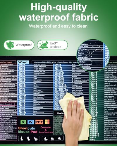 Tapete de secretária de grande formato com atalhos no Excel, tapete impermeável para jogos de escritório, bordas antiderrapantes e costuradas para Word/Outlook/PowerPoint/Windows