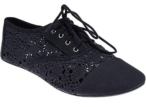 Orly Shoes Natalie Crochet and Canvas Lace Up Oxford Brogue Flats in Black Size: 8