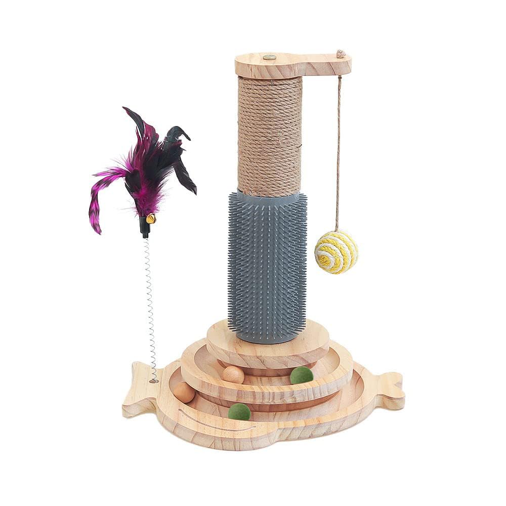 Marchul 5 in 1 Cat Toys - Sisal Scratching Post, Self Groomer Massage Brush with Cat Tower, Hanging Ball & Interactive Track Ball Toy for Indoor Cats