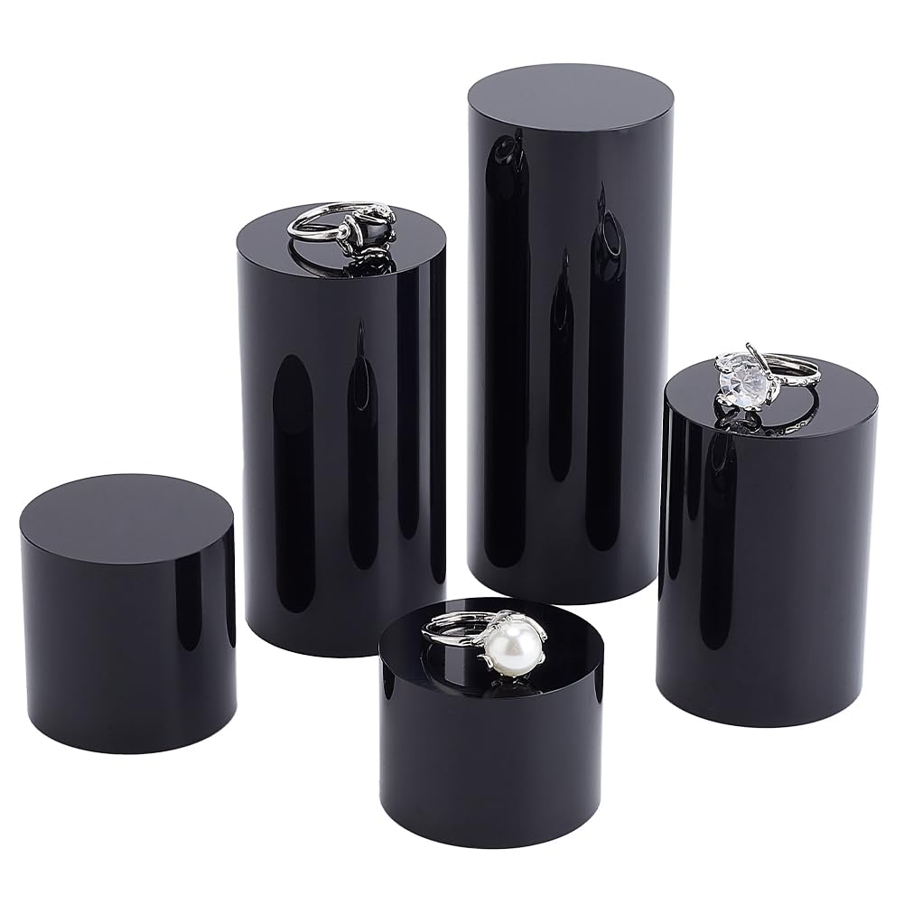 BENECREAT 5pcs Black Acrylic Display Block - 3/4/6/8/10cm Round Cylinder Solid Pedestal Stand for Jewelry, Gem, Pop Figures & Cosmetic Showing