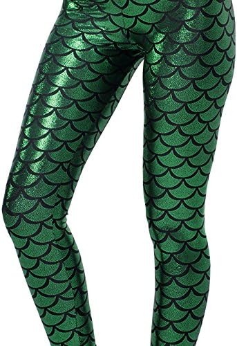 NIliker Sexy Mermaid Fish Scale Printed Hologram Stretch Soft Shine Leggings (Small, Green)