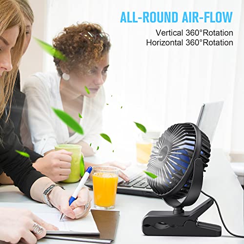 BESKAR USB Powered Clip on Fan, 6 Inch Portable Fan with Cord, 3 Speeds Strong Airflow, Small