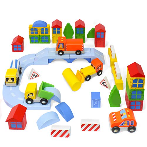 Kidzlane Wooden Construction Site Building Blocks 50 Pc Wood Block