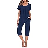 TAOHUADAO Women's Pajamas Set with 2 Pockets Capri Pants with Short Sleeve Top Ladies Sleepwear