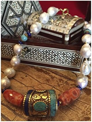 Handmade Natural Baroque Pearl Necklace with Lapis Lazuli, Turquoise, Focal Bead, Agates and Goldfilled