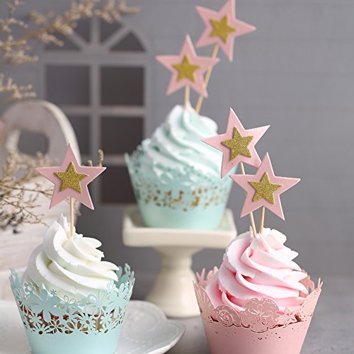 Glitter Star Cupcake Toppers Twinkle Cupcake Picks Star For Party Decorations Supplies, 25 Counts (Pink)