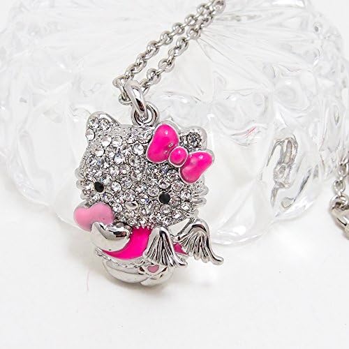 18K White Gold Plated Hello Kitty Angel Rhinestone Crystal Pendant Necklace pink (18 inch long)