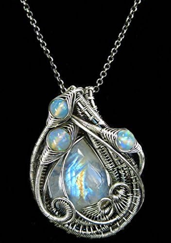 Rainbow Moonstone and Antiqued Sterling Silver Wire-Wrapped Pendant with Ethiopian Welo Opals