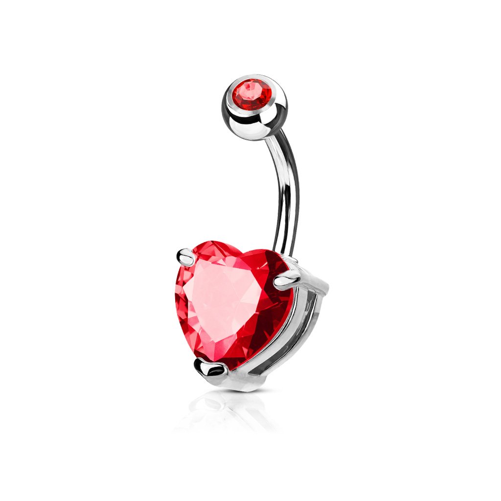 PiercedOff 316L Surgical Steel 1.6mm Belly Bar with a 7mm Red CZ Heart - Length 10mm — image 1