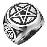 INBLUE Men's Stainless Steel Ring Silver Tone Black Pentagram Pentacle Round Signet Size10