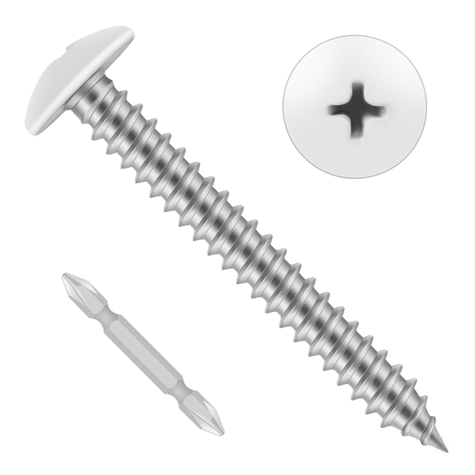 Photo 1 of #6 x 1 Wood Screws, Alloy Steel Truss Head Fast Self Tapping Screws, White Head, Full Thread, Screwdriver Bit Included, 100 PCS