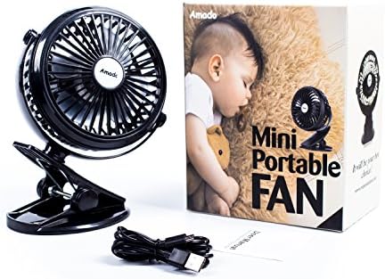 Amado Mini Portable Fan, Clip on Compact Design with Rechargeable Battery and USB Charging System, 360° Rotations and Adjustable, Stroller Fan, Travel Fan, Battery Operated Fan