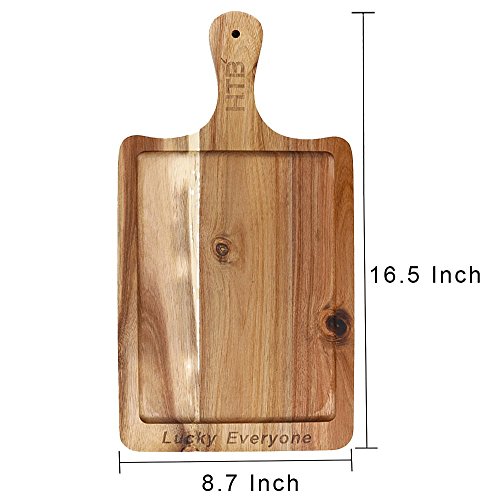 Rectangular Paddle Board LUCK EVERYONE Carved 100% Natural Acacia Wood, 16.5 x 8.7 IN Wooden Cutting Board, Serving Board With Handle For Bread Cheese Steak By HTB