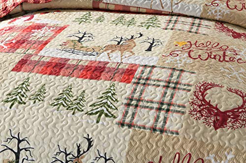 MarCielo 3 Piece Christmas Quilt Set, Rustic Lodge Deer Quilt Bedspread Throw Blanket Lightweight Bedspread Coverlet Comforter Set BY010 (King) - Thumbnail 3