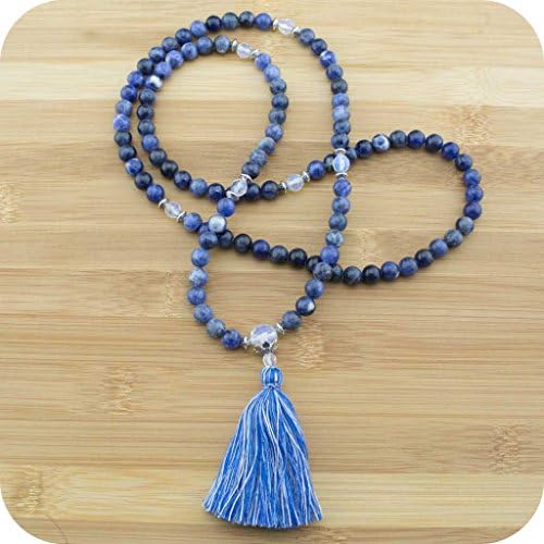 Sodalite Meditation Mala Beads Necklace with Faceted Opalite