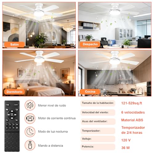 Ventilador de Techo con Luz de 42 Inch/107cm, Montaje Empotrado con Control Remoto, Silencioso de 5 Aspas, 3cct+6 Velocidades, Motor Reversible, Blanco