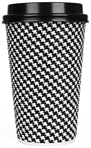 Disposable Hot Coffee Insulated Cups By Golden Spoon – 50 Pack Set Complete With Lids – Stylish Contemporary Ripple Design - Perfect For Take Away Coffee Shops And Bars (16 oz, Checkered Design)