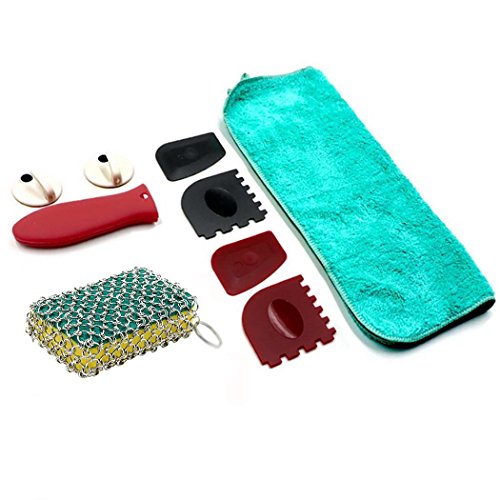 LIVEHITOP Cast Iron Cleaner with Wood Sponges Cast Iron Cleaning Kit Pan Scraper Plastic Set Tool and Silicone Hot Handle Holder for Home and Camping