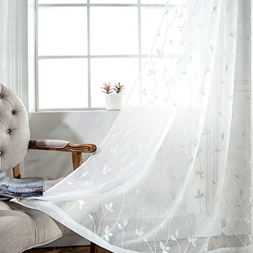 image for NICETOWN Leaf Embroidery Semi Sheer Curtains Faux Linen Voile Window D