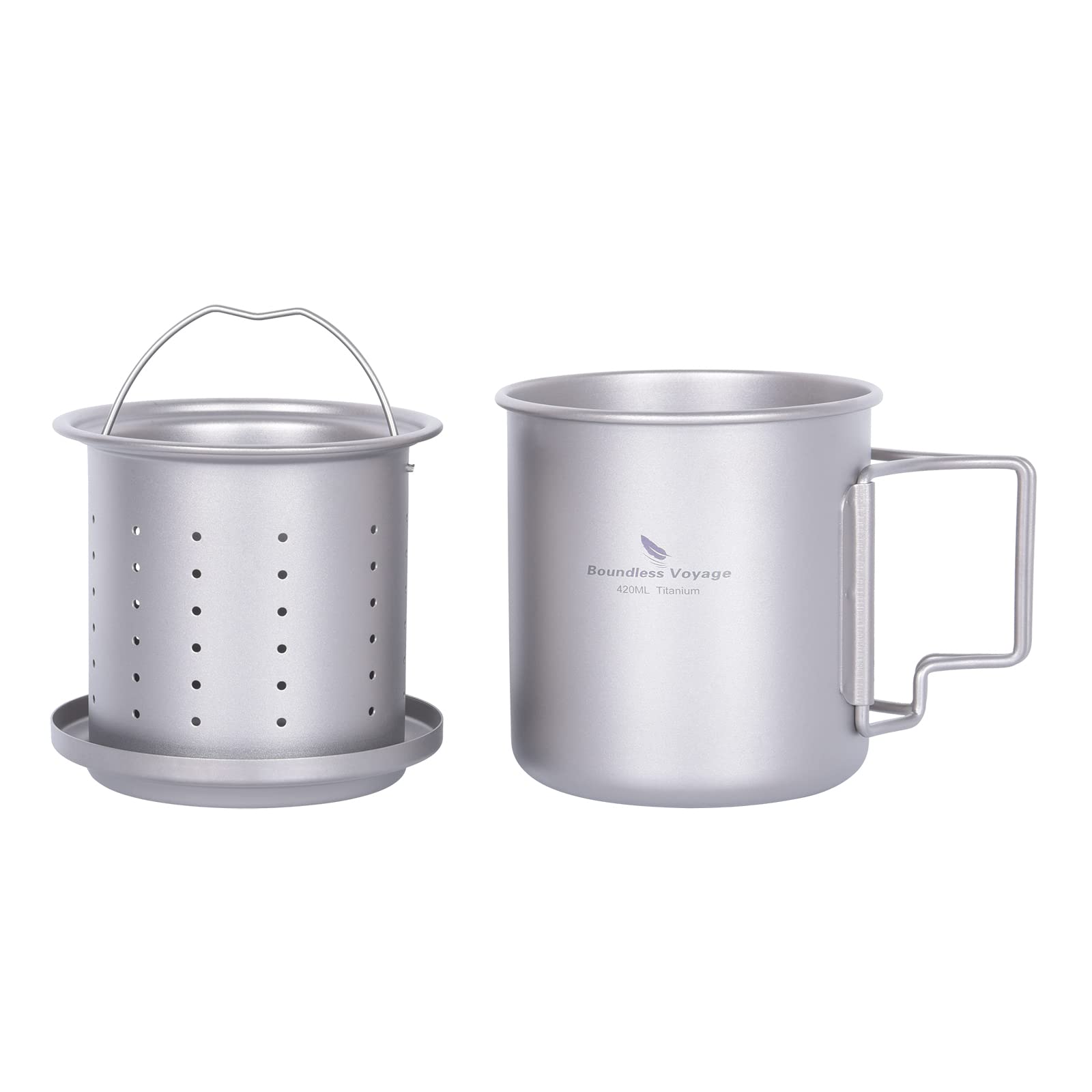 iBasingo 420ml/14.2 fl oz Titanium Mug with Tea Strainer Lightweight Tea Cup with Filter & Lid Outdoor Camping Single Layer Tea Maker Drinkware with Portable Folding Handle Ti3054D