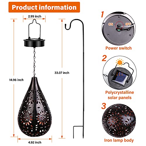 Solarlaterne für außen, LED Solar Laterne Hängend, Solarlaternen für den garten mit Wasserdicht, Deko Metall Solar Laterne für Aussen, Garten, Patio, Balkon, Wand, Tisch, Party(Haken)