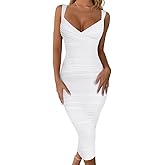 BEAGIMEG Women's Sexy Bodycon Sleeveless Ruched Mesh Club Party Midi Dress