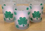 Shamrock Candle Holders - Set of 3 Frosted Votive Candle Holders with LED Candles Included - Glittery Green Shamrock Design