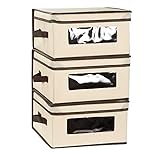 Set of 3 Foldable Storage Box Containers for Clothes, Documents, Household Items with Lid Basket Bin - Beige - Small Size