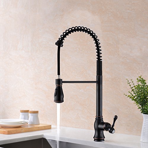 GICASA Solid Brass High Arch Oil Rubbed Bronze Single Handle Pull Out Sprayer Kitchen Sink Faucet, Commercial Style Bronze Pull Down Spring Kitchen Faucets