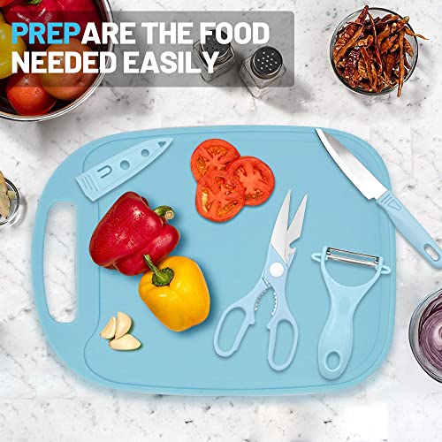 shijie Mini Travel Cutting Board Set, 4 Pcs Mini Camping Plastic Cutting Board & Knife, Fruits & Vegetable Peeler Scissors, Portable Stainless Steel Picnic Small Cutting Board Set (Blue) (4-1CB)