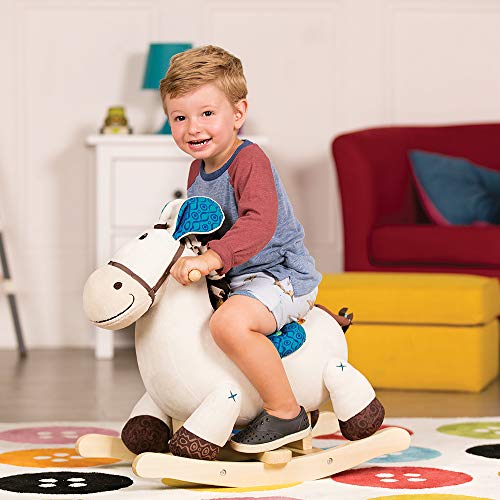B. toys Schaukelpferd beige mit blauem Sattel aus weichem Plüsch und hochwertigem Holz, Schaukeltier zum Draufsitzen für… – Bild 3