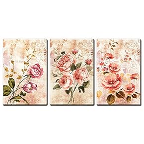 3 Panel Canvas Wall Art - Vintage Style Pink Flowers - Giclee Print Gallery Wrap Modern Home Art Ready to Hang - 16"x24" x 3 Panels