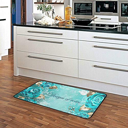 Kitchen Rugs Turquoise Rose Flowers Design NonSlip Soft Kitchen Mats Bath Rug Runner Doormats