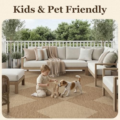 Outdoor Rug-Patio Rug 8x10 Outdoor Carpet Polypropylene Indoor Outdoor Rug for Patio Porch Deck Balcony Textured Weave Durable Mat Boho Stripes Pattern Beige & Brown