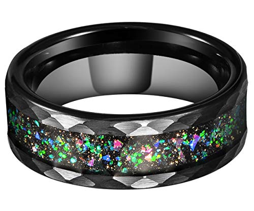 Queenwish 8mm Black Hammered Tungsten Wedding Band Engagement Wedding Rings for Women and Men with Galaxy Series Colorful Opal Inlay Promise Ring Gifts with Jewelry Box Size 6