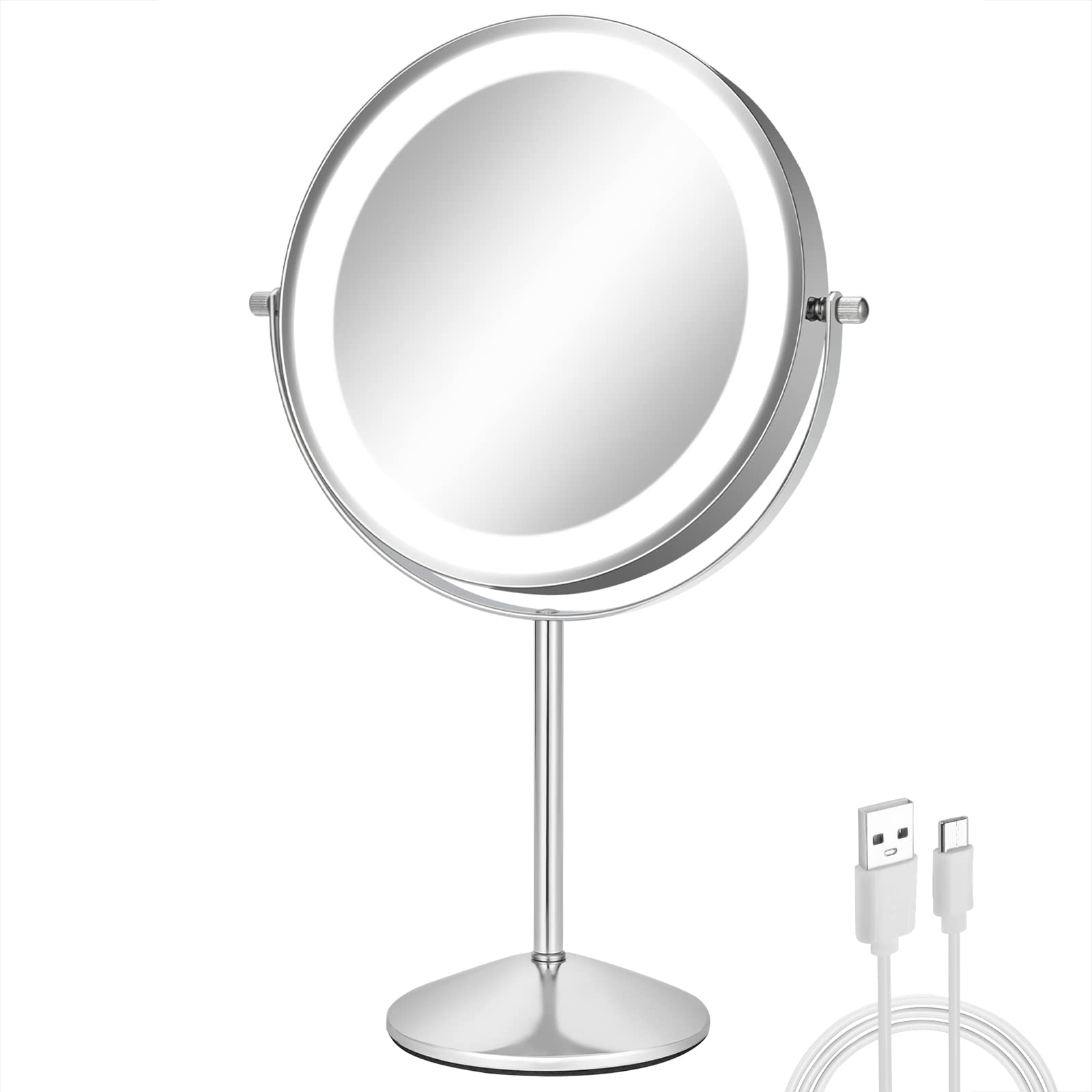 FFowcye LED Makeup Mirror, 8" Lighted Desktop Vanity Mirror, 1X/10X Magnification, 3 Light Modes Adjustable Brightness, 360° Rotation, Rechargeable