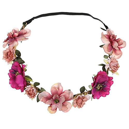 BCDshop Flower Headband Hair Band Wrap for Women Girls Ladies Boho Floral Hairband Party Festival Wedding Garland Accessories (Pink 1)