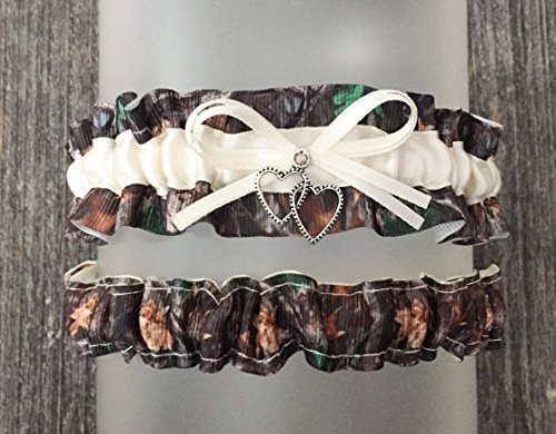 Sexy Dark Camouflage Ivory Satin Camo Wedding Bridal Garter SET - Double Heart Charm