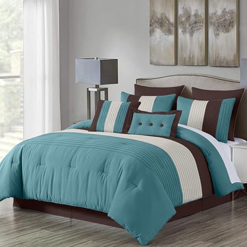 Chezmoi Collection Loft 8-delige luxe gestreepte dekbedset (California King, Blauw/Beige/Chocoladebruin)