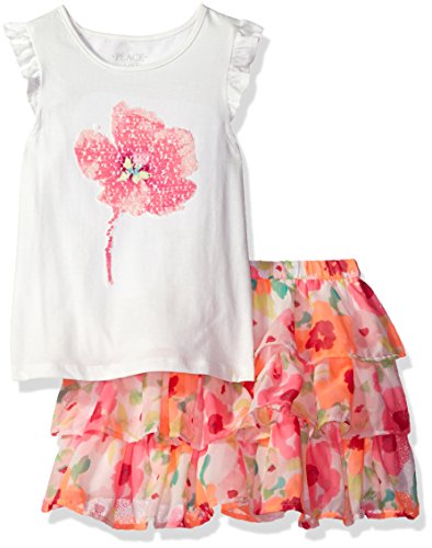 The Children s Place Big Girls  Flutter Sleeve Top and Tiered Skirt Outfit Set, Simply White/Simply White, L (10/12)