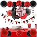 ZERODECO Party Decoration, 21 Pcs Black and Red Hanging Paper Fans Pom Poms Flowers, Garlands String Polka Dot and Triangle Bunting Flags for Minnie Mouse Birthday Parties Baby Showers Wedding