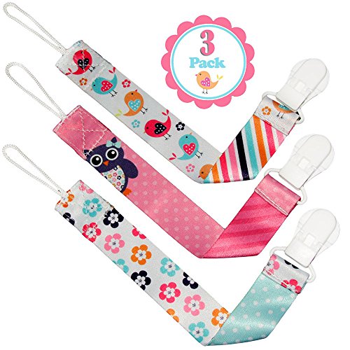 Pacifier Clip Girls by Liname - 3 Pack - Premium Quality Universal Pacifier Clips - Adorable 2-Sided Stylish Design - Soothie Pacifier Holder - Perfect Baby Shower Gift