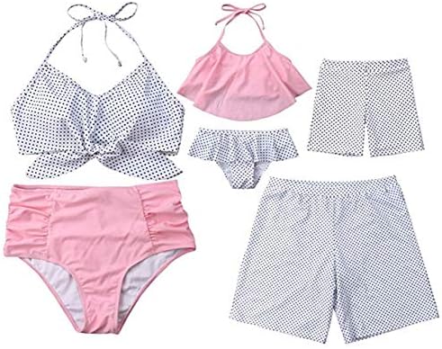 Family Matching Dot Print Swimsuits Mommy Daddy and Me Swimming Bikini Trunks Set Parent-Child Swimwear Bathing Suit