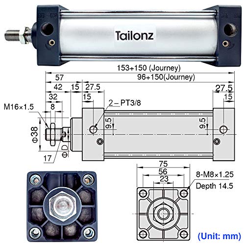 Tailonz Pneumatic Air Cylinder SC 63 X 150 PT3/8 Bore: 2 1/2 inch Stroke: 6 inch Screwed Piston Rod Dual Action