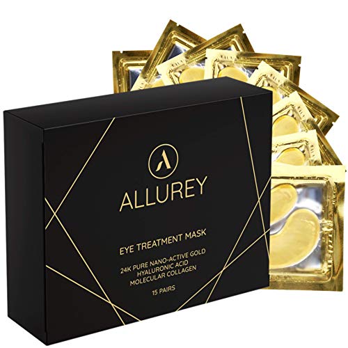 ALLUREY 24K Gold Collagen Eye Mask, Best Eye Care, Anti-aging and Anti-wrinkle Effect, Moisturizes, Reduces Puffiness and Dark Circles, Under Eye Patches (15 Pairs)
