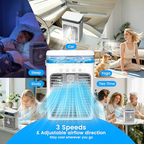 Mini Air Conditioner, 4-in-1 Portable Air Conditioner with 1000ML Water Tank Small AC Unit Air Cooler USB Powered Evaporative Cooler Cooling Fan with 2/4/8H Timer & Light for Office Bedroom Room
